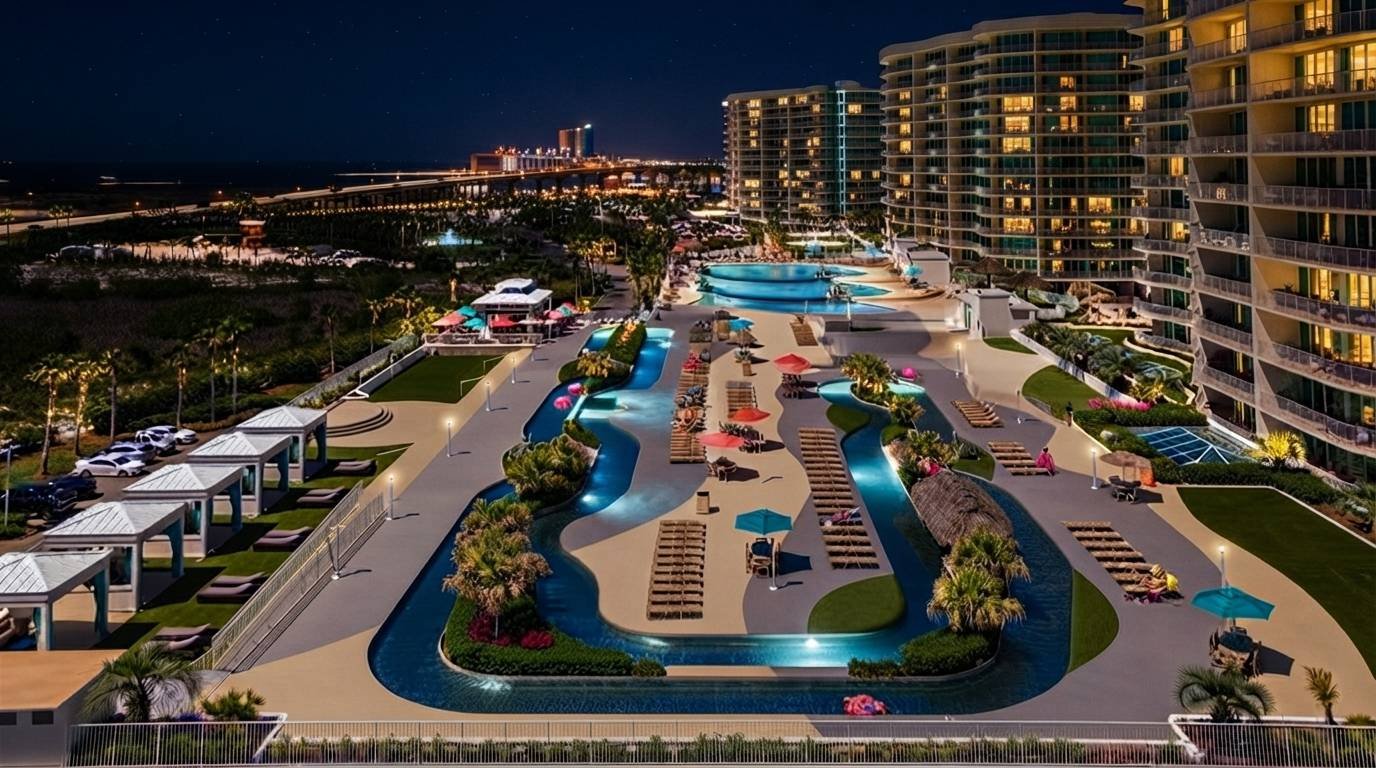 Caribe Resort Orange Beach Alabama — pools and lazy river at night