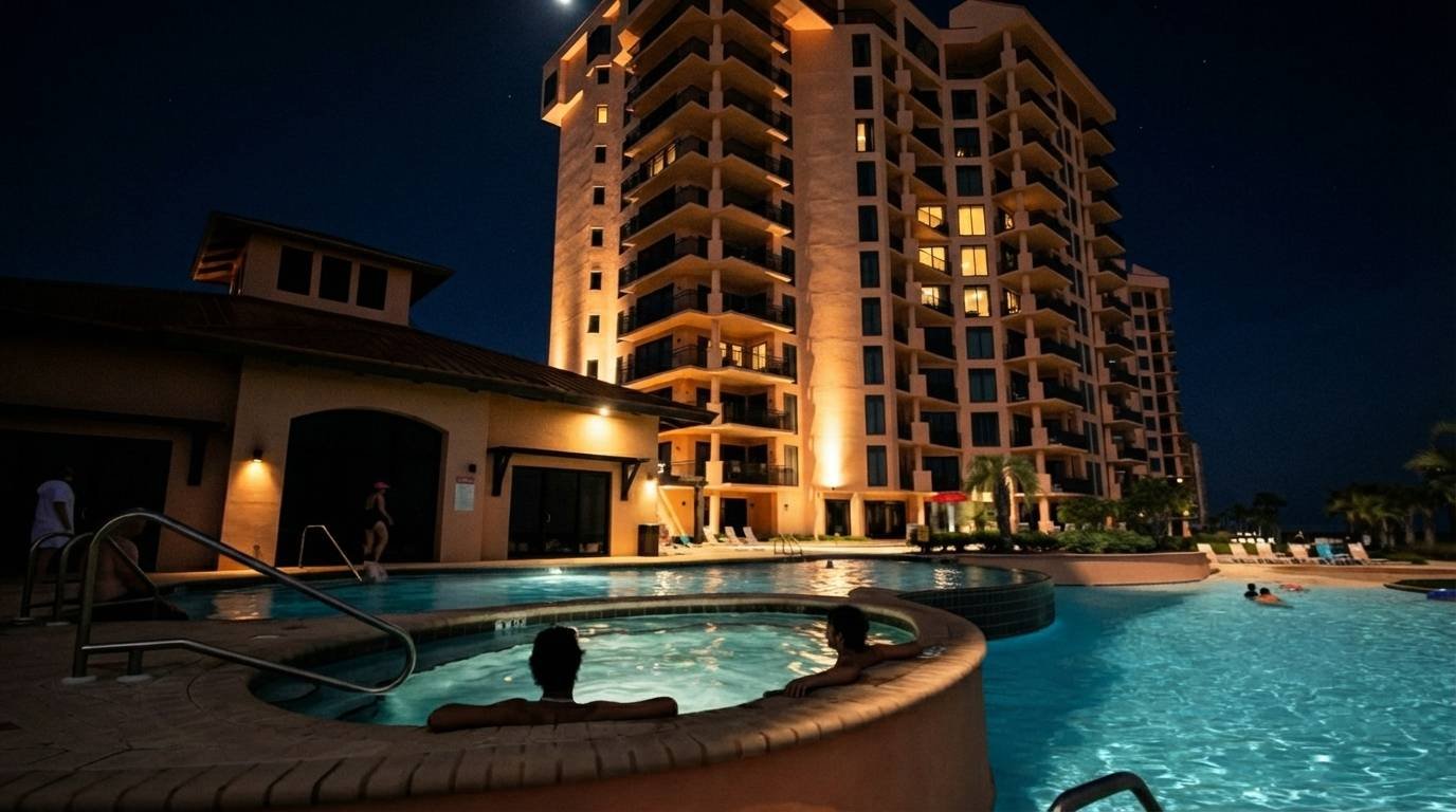SeaChase Orange Beach Alabama — pool and towers at night