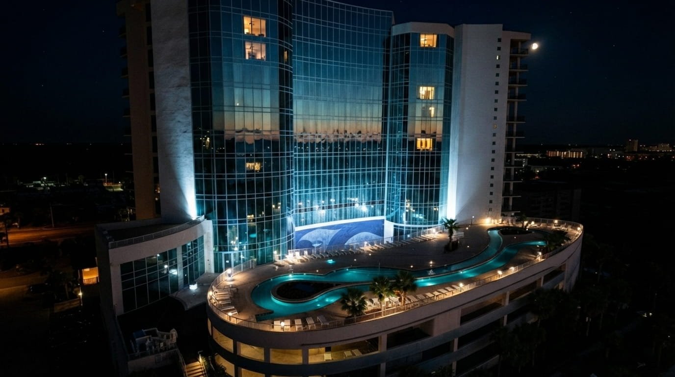 Turquoise Place Orange Beach — rooftop pool and glass towers at night